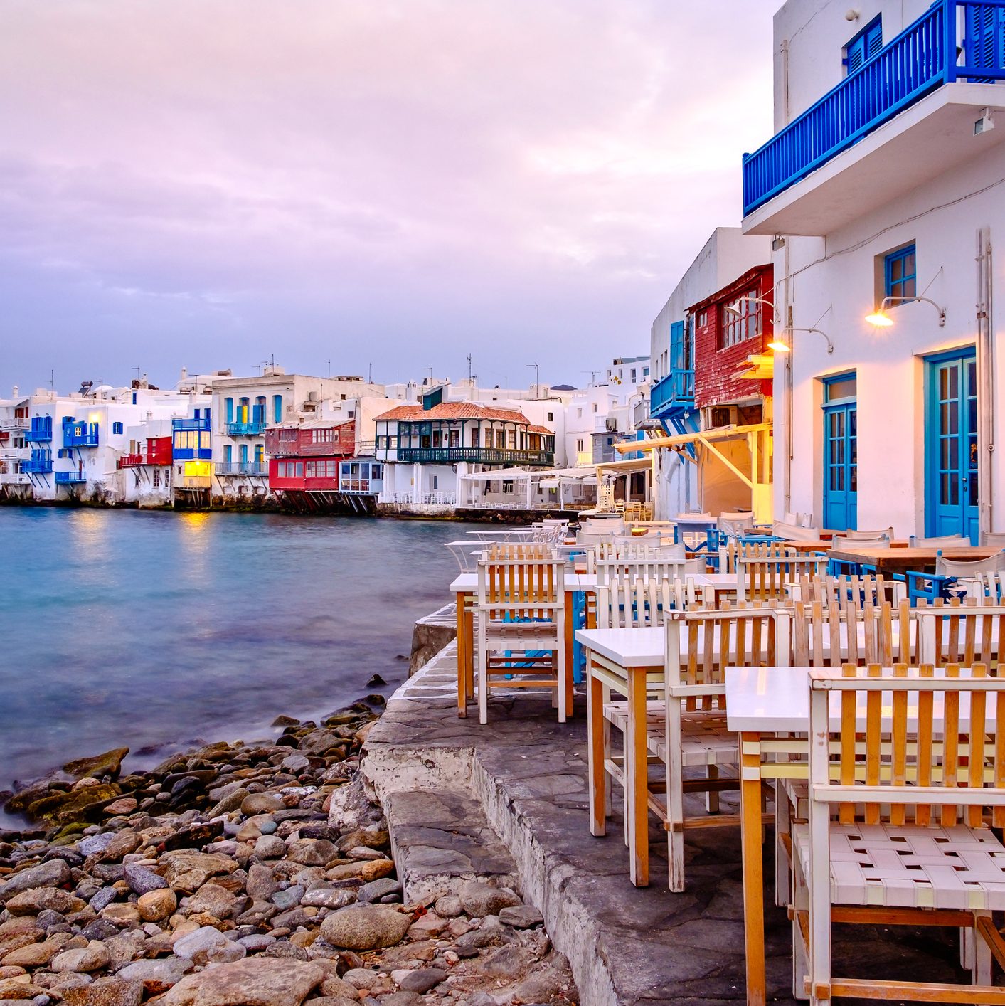 Beautiful sunrise at Little Venice on Mykonos island, Greece